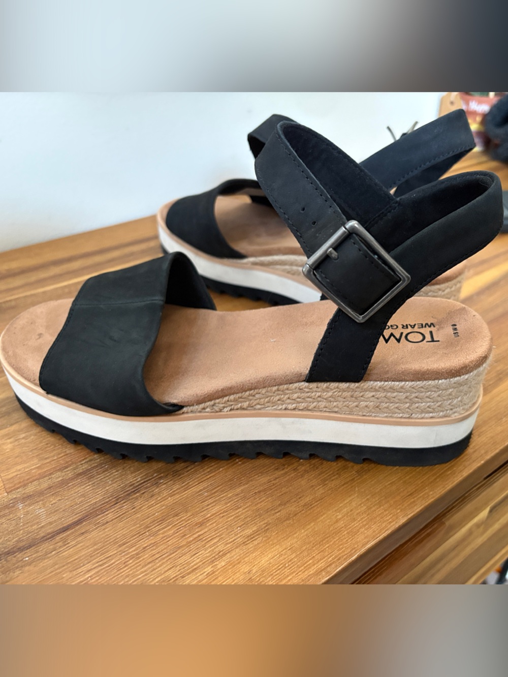 TOMS Black Suede Platform Espadrille Sandal with Buckle Strap